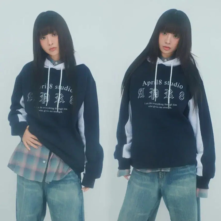 [BUNJANG] April18 Studio Navy Colorblock Hoodie (M) / April18 studio 네이비 배색 후드티