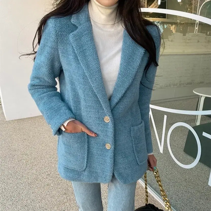 [BUNJANG] Tweed Gold Button Jacket / 블루 트위드 금장 버튼 자켓 켈라빈보들자켓