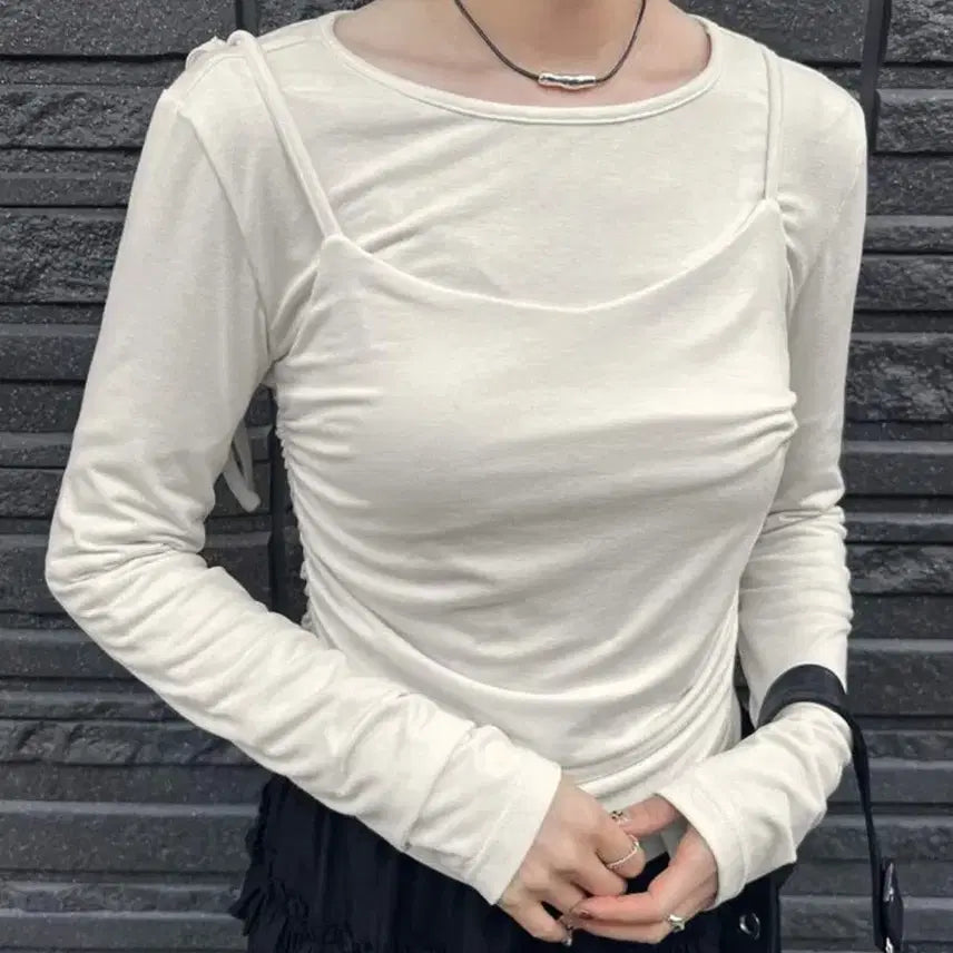 [BUNJANG] Sleeved Shirred Top / 끈 나시 셔링 긴팔티 일체형