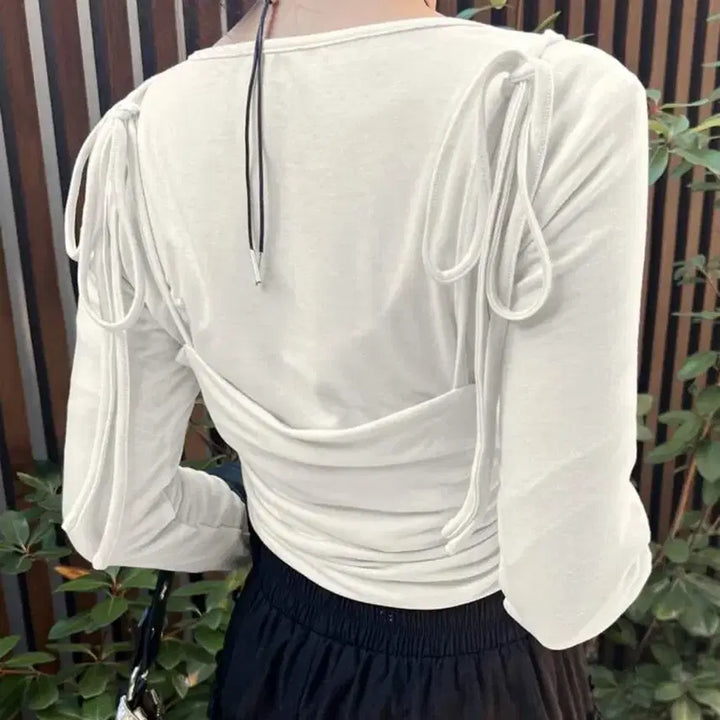 [BUNJANG] Sleeved Shirred Top / 끈 나시 셔링 긴팔티 일체형