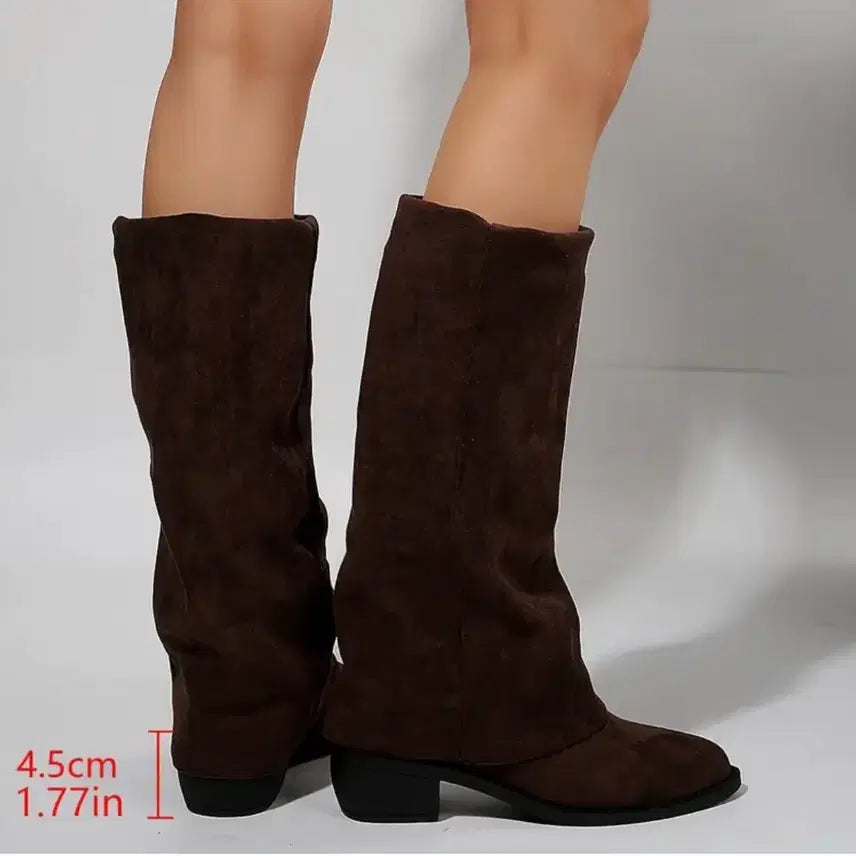 [BUNJANG] Brown Chunky Heel Long Boots / 브라운 청키 힐 롱 부츠