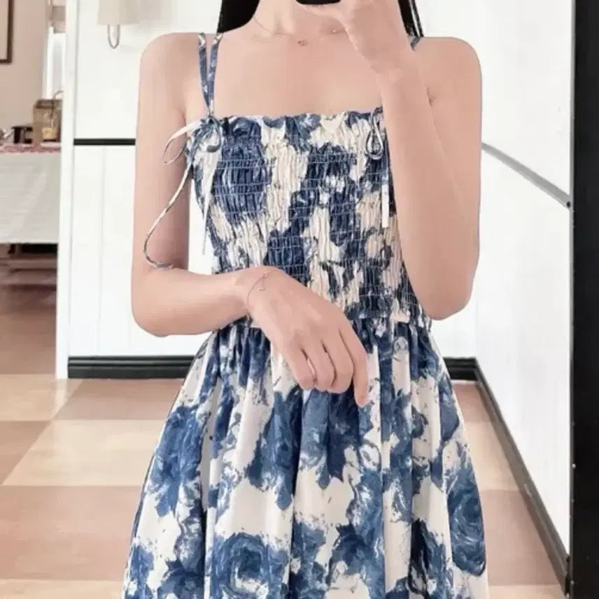 [BUNJANG] Flower Pattern String Long Dress / 플라워 패턴 끈 롱 원피스