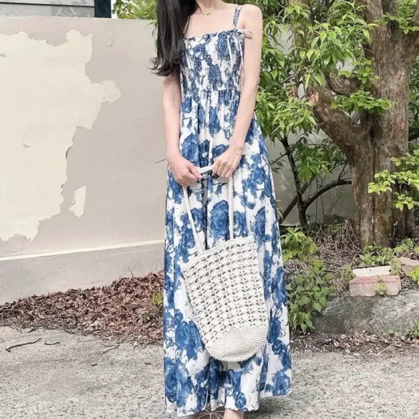[BUNJANG] Flower Pattern String Long Dress / 플라워 패턴 끈 롱 원피스