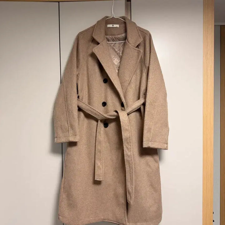 [BUNJANG] Beige Double-Breasted Long Coat with Belt / 베이지 더블코트 + 벨트 556677 사이즈 정도