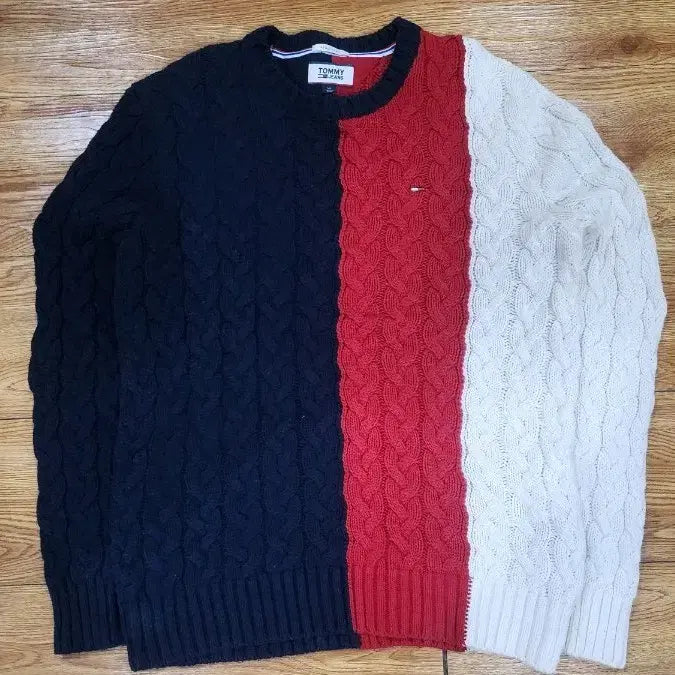 [BUNJANG] Tommy Hilfiger Cable Knit Tricolor Sweater / 타미힐피거 케이블 니트 트리컬러