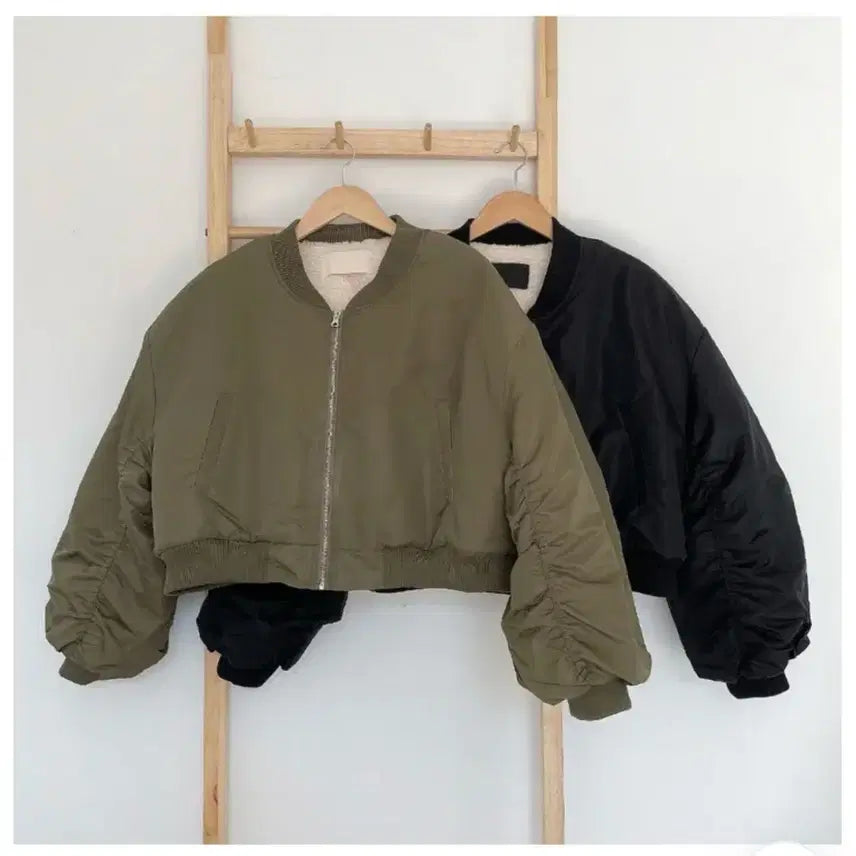 [BUNJANG] Khaki Cropped Fleece Lined Flight Jacket / 양털안감 카키 크롭 항공점퍼