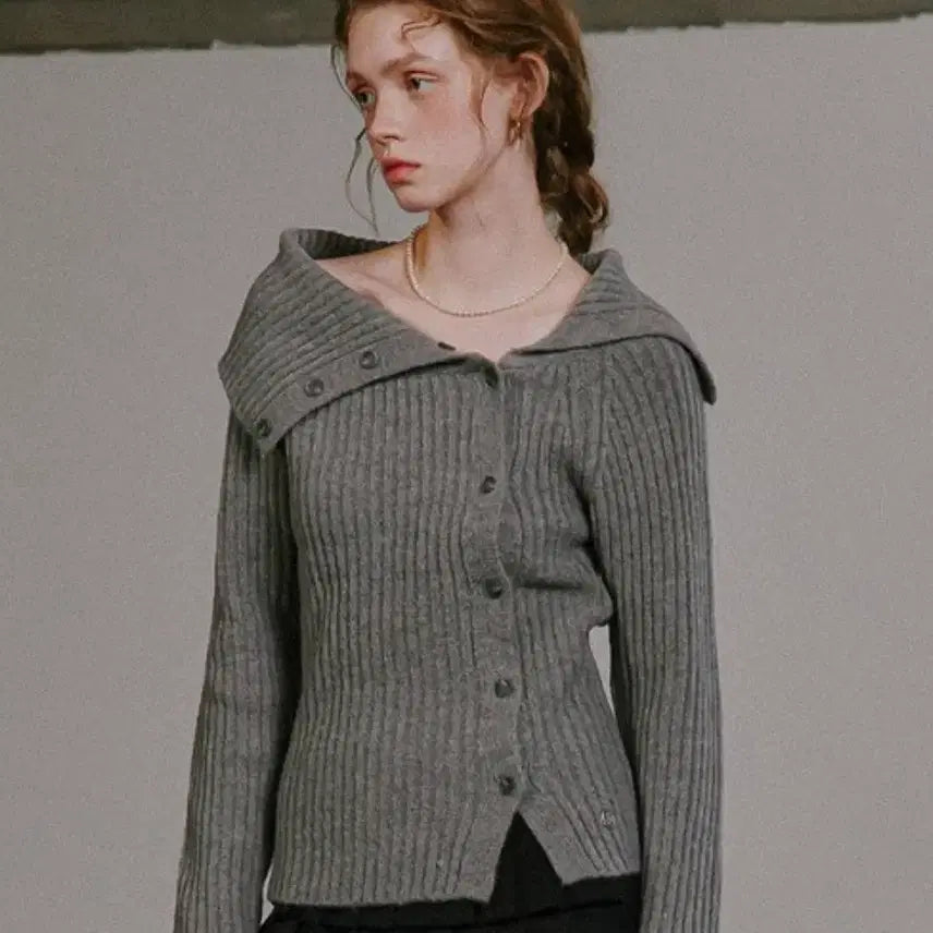 [BUNJANG] Gray Ribbed Knit Cardigan / 회색 골지 니트 가디건 미착용 카라니트