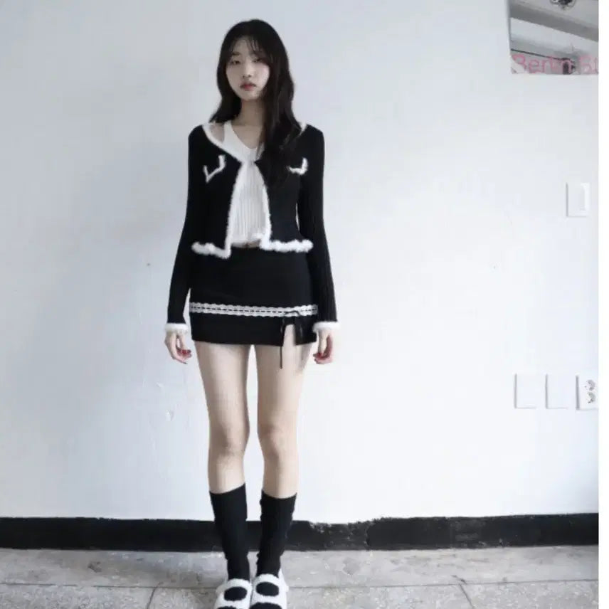 [BUNJANG] Klata Rose Knit Ribbon Tie Skirt Pants Two-Piece Set / 클라따 rose knit 리본 타이 스커트팬츠 세트 투피스