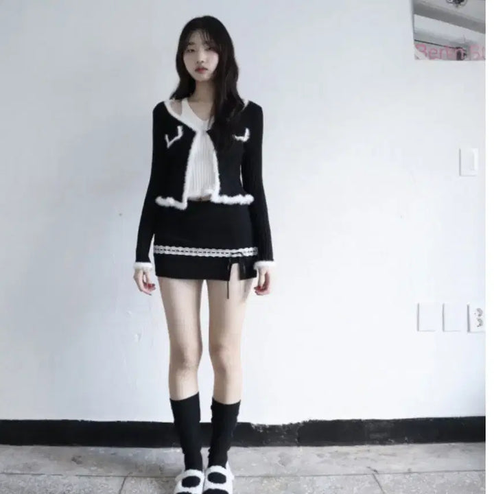 [BUNJANG] Klata Rose Knit Ribbon Tie Skirt Pants Two-Piece Set / 클라따 rose knit 리본 타이 스커트팬츠 세트 투피스