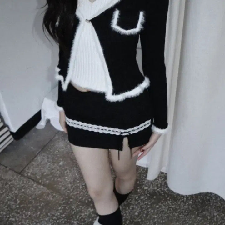 [BUNJANG] Klata Rose Knit Ribbon Tie Skirt Pants Two-Piece Set / 클라따 rose knit 리본 타이 스커트팬츠 세트 투피스