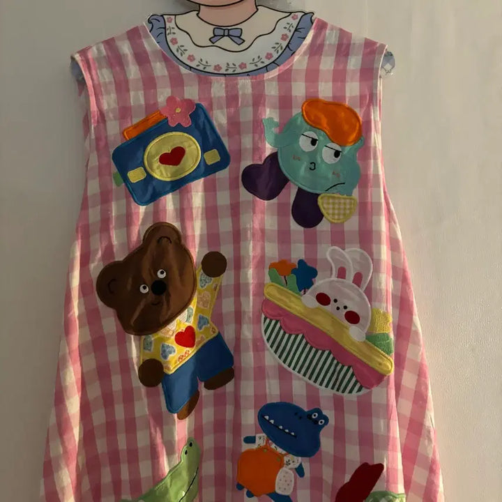 [BUNJANG] Pink Check Embroidered Long Sleeveless Dress / 귀여운 자수 핑크 체크 롱 민소매 원피스 빈티지