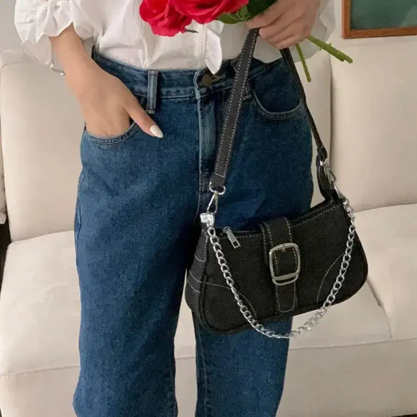 [BUNJANG] Ably Denim Y2K Shoulder Bag / 에이블리)데님 숄더백Y2K 데님 벨트 체인 호보숄더