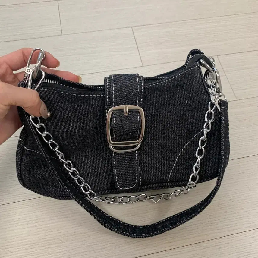 [BUNJANG] Ably Denim Y2K Shoulder Bag / 에이블리)데님 숄더백Y2K 데님 벨트 체인 호보숄더
