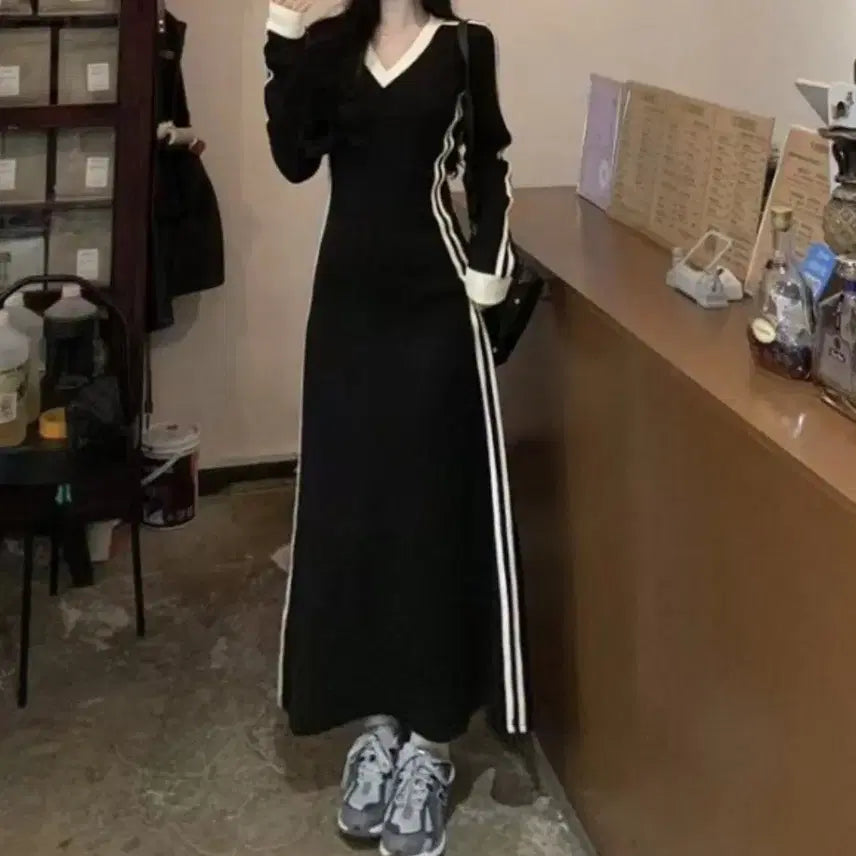 [BUNJANG] V-Neck Color Block Slim Dress / 브이넥 배색 슬림 원피스(44-55)