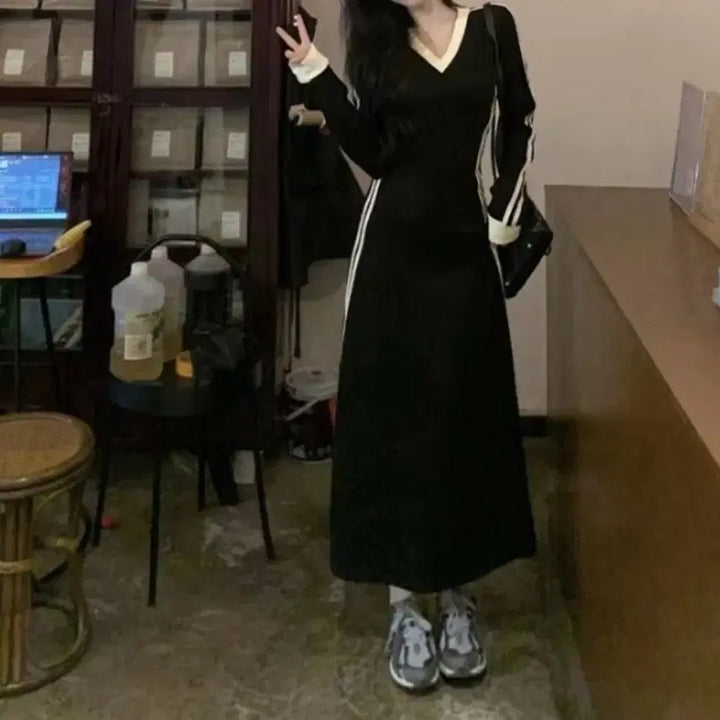 [BUNJANG] V-Neck Color Block Slim Dress / 브이넥 배색 슬림 원피스(44-55)