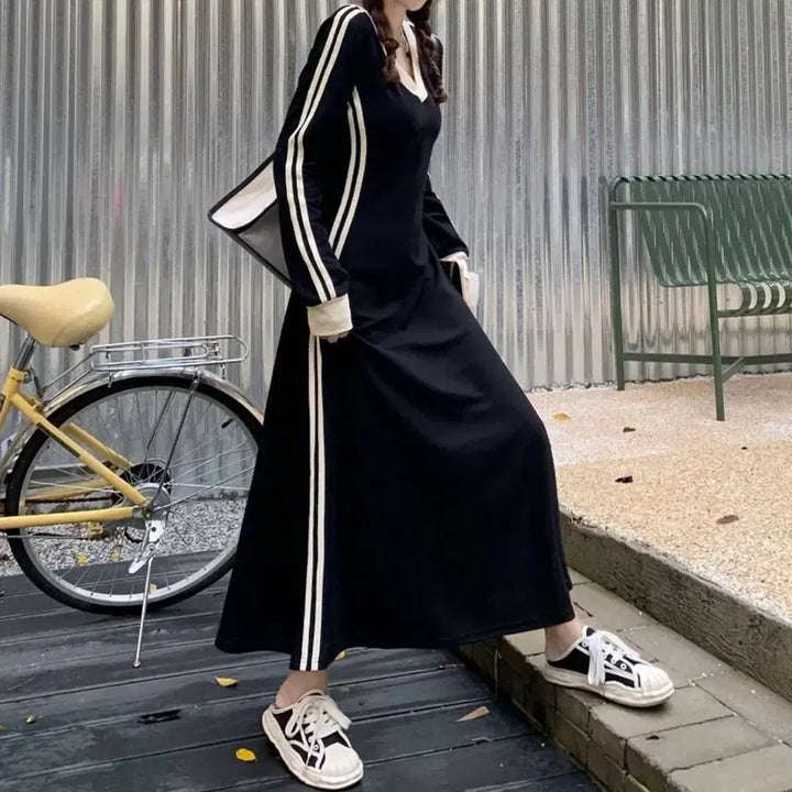 [BUNJANG] V-Neck Color Block Slim Dress / 브이넥 배색 슬림 원피스(44-55)