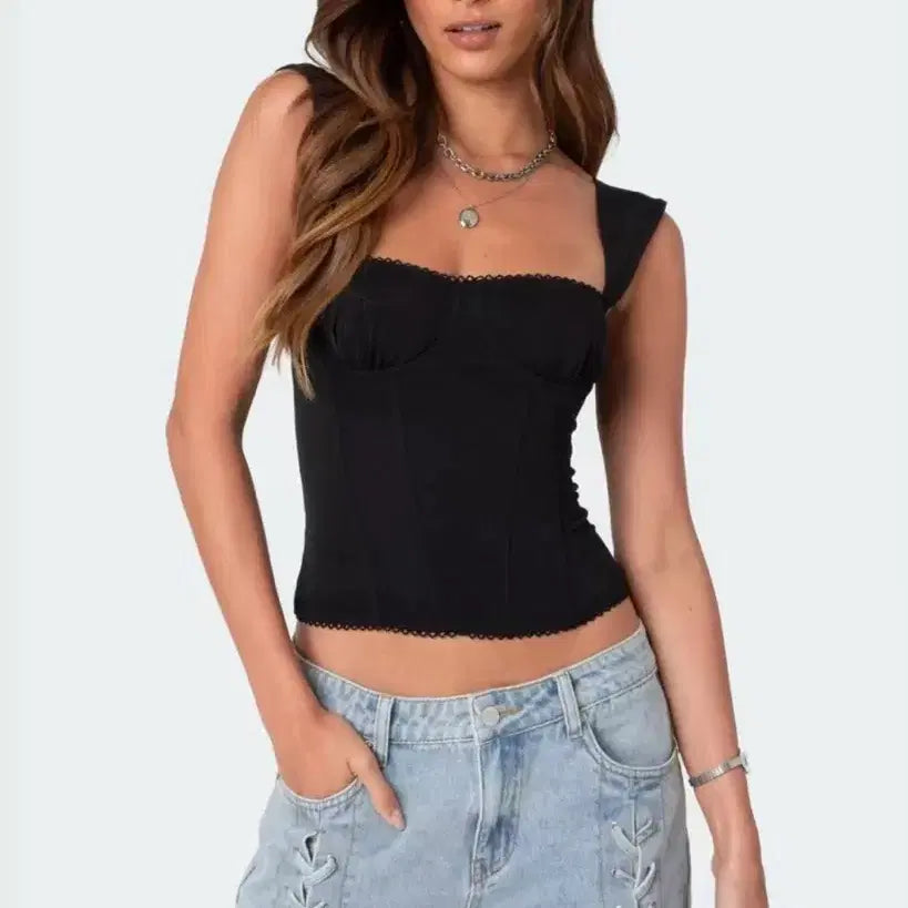 [BUNJANG] Edikted Black Corset Style Top with Lace Detail / Edikted(에디케이티드)블랙 코르셋 스타일 탑 레이스 디테일