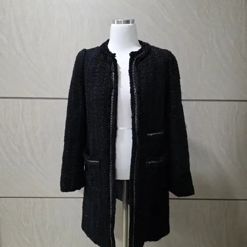 [BUNJANG] Tweed Long Jacket with Chain Detail (Size 55-55.5) / 블랙 은은한 펄 트위드 롱자켓 체인 디테일 (55~55반)
