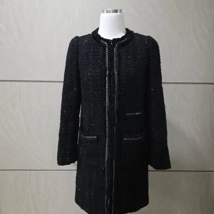 [BUNJANG] Tweed Long Jacket with Chain Detail (Size 55-55.5) / 블랙 은은한 펄 트위드 롱자켓 체인 디테일 (55~55반)
