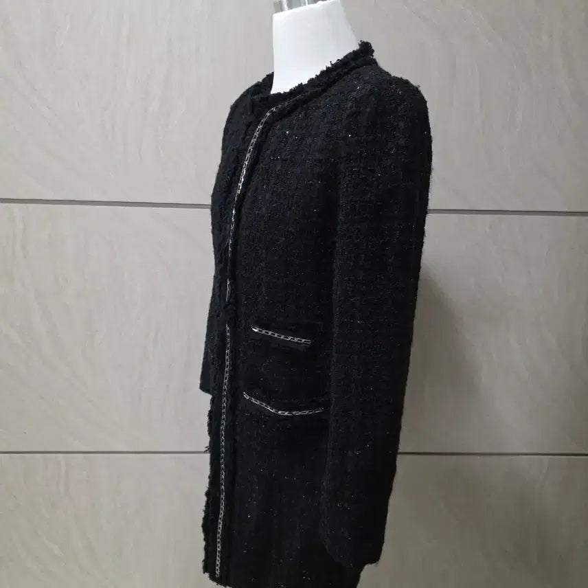 [BUNJANG] Tweed Long Jacket with Chain Detail (Size 55-55.5) / 블랙 은은한 펄 트위드 롱자켓 체인 디테일 (55~55반)
