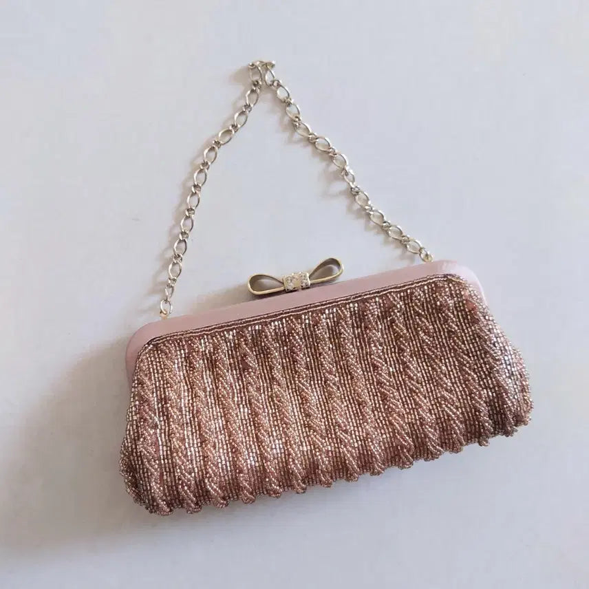 [BUNJANG] Pink Beaded Bag / 리본 장식 핑크 비즈 백