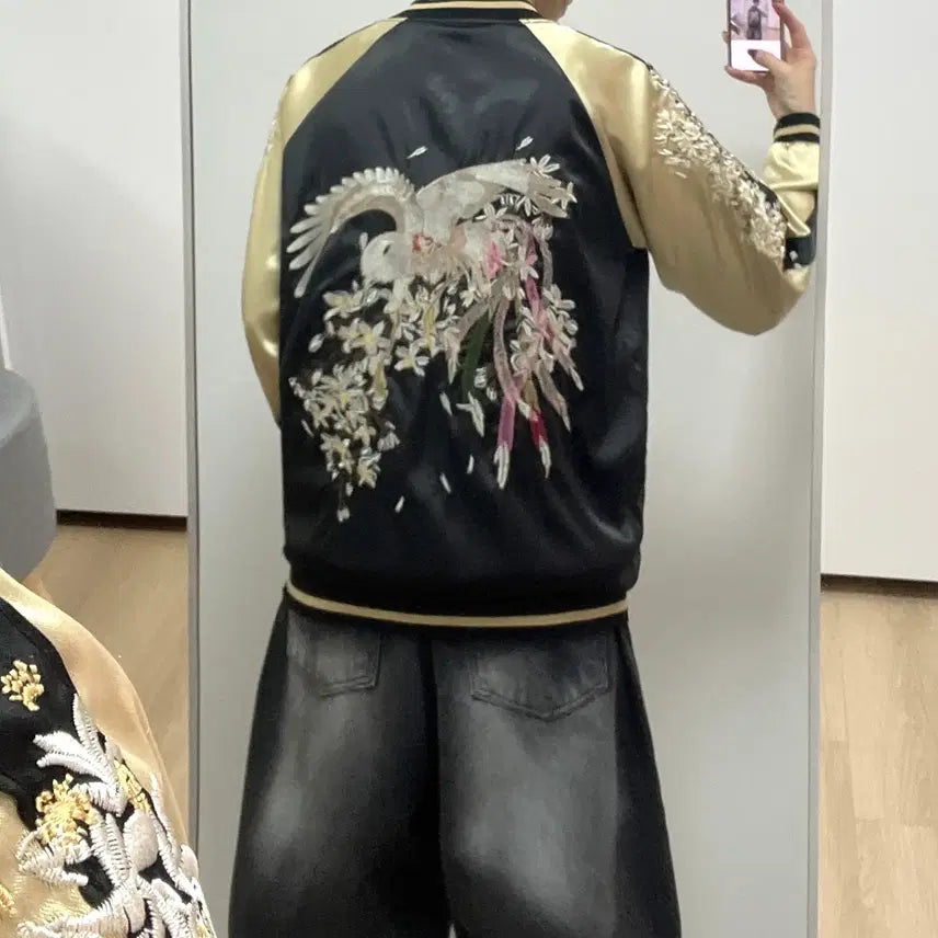 [BUNJANG] JPN Cherry Blossom Embroidered Reversible Sukajan Jacket / JPN 학 벚꽃 자수로고 리버시블 양면 스카잔 자켓