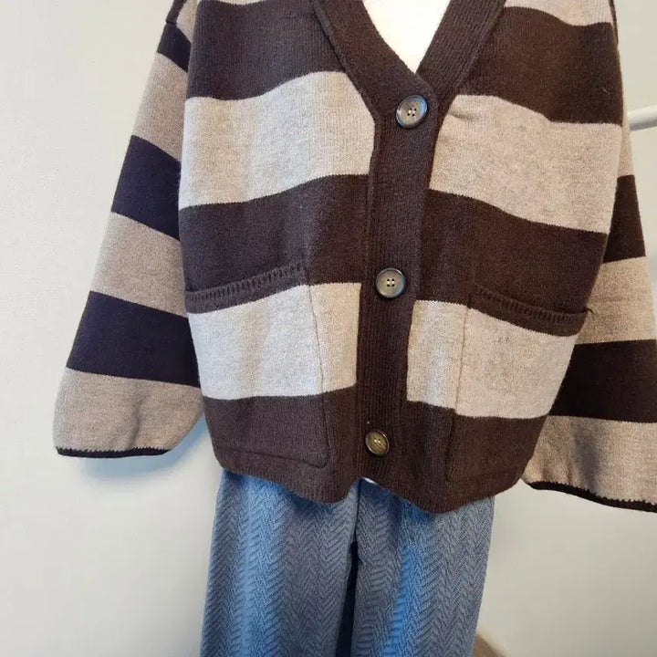 [BUNJANG] Striped V-Neck Wool Blend Cardigan Jacket / 스트라이프 브이넥 자켓겸 가디건  양모혼방