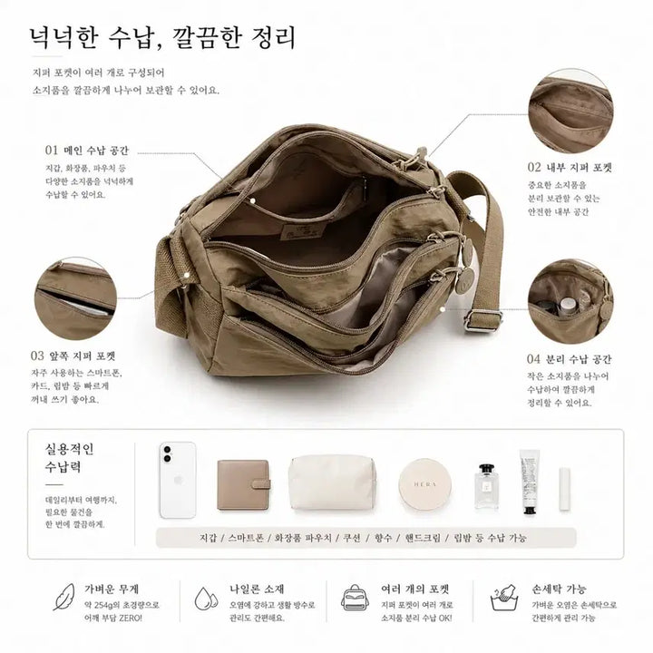 [BUNJANG] Nylon Crossbody Messenger Bag / 254g 초경량! 수납 좋은 나일론 크로스백/메신저백 ㅡ블랙