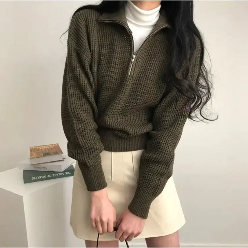 [BUNJANG] Waffle Knit Zip-Up Sweater / 와플 카라 지퍼 니트