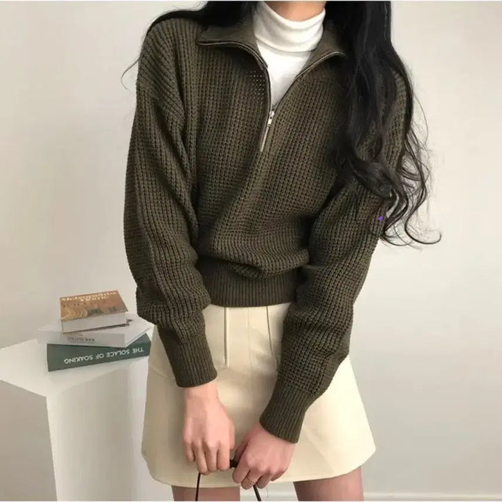 [BUNJANG] Waffle Knit Zip-Up Sweater / 와플 카라 지퍼 니트