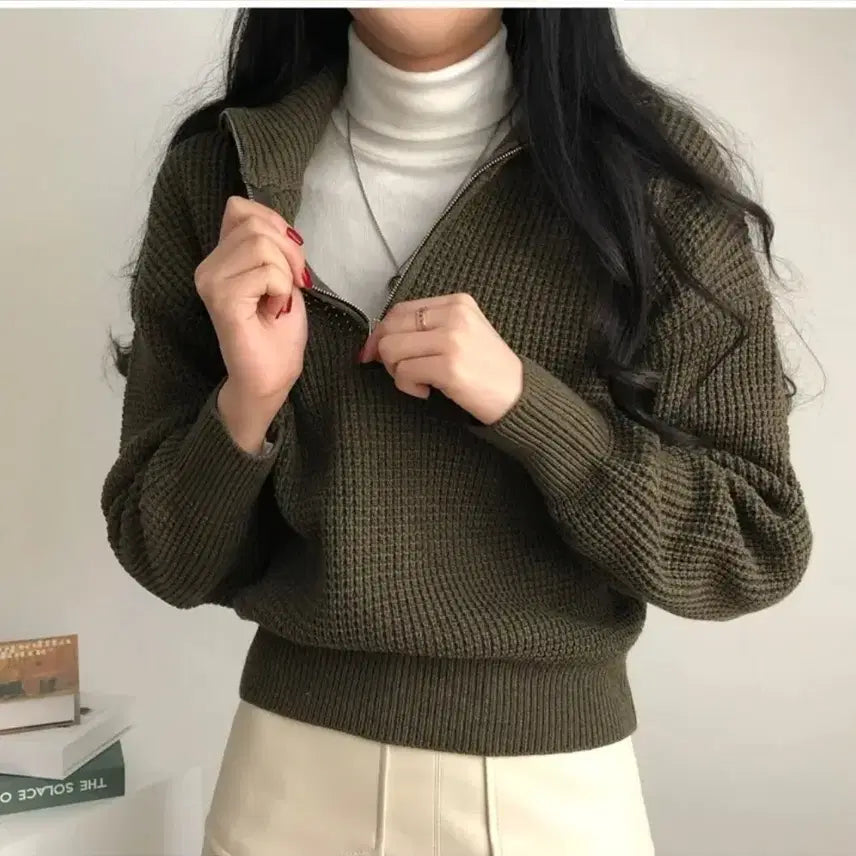 [BUNJANG] Waffle Knit Zip-Up Sweater / 와플 카라 지퍼 니트