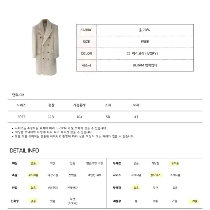 [BUNJANG] Tailored Wool Blend Coat - Ivory, Free Size / 테일러드 울 양모 코트 - 아이보리,프리
