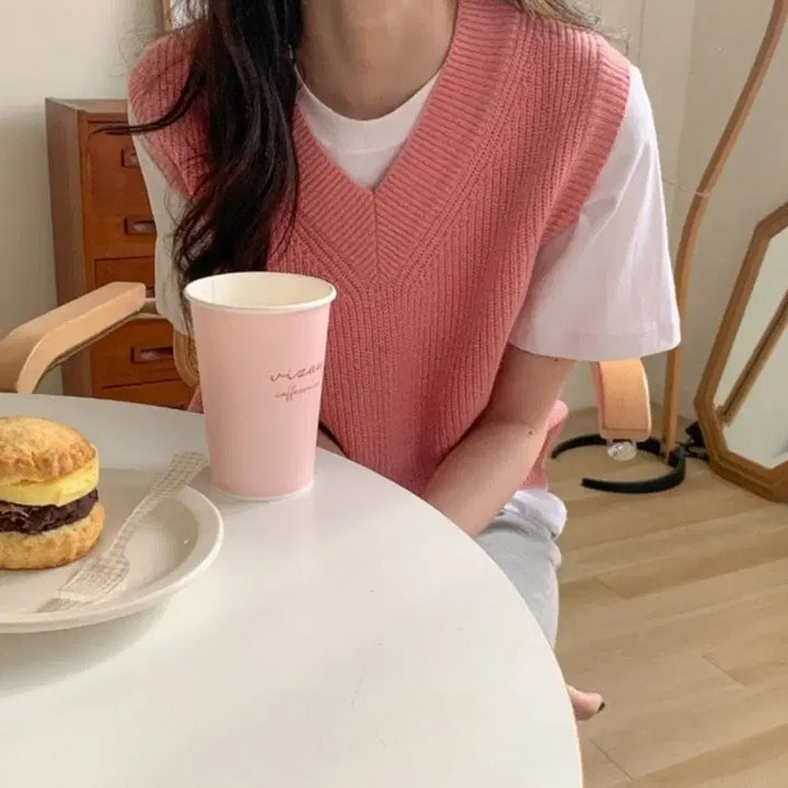 [BUNJANG] Marie Dress Pink V-Neck Vest / 마리드레스 핑크 브이넥 조끼