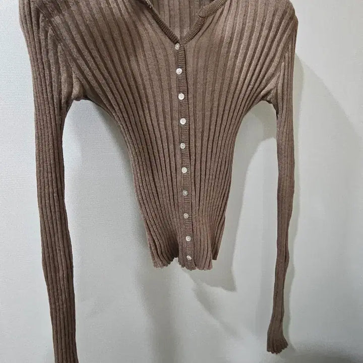 [BUNJANG] Brown V-Neck Ribbed Knit Cardigan / 브라운 스판 브이넥 골지 니트 가디건