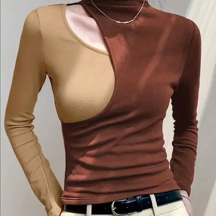 [BUNJANG] Color Block Cutout Long Sleeve Top / 배색 컷아웃 긴팔 티셔츠 66사이즈