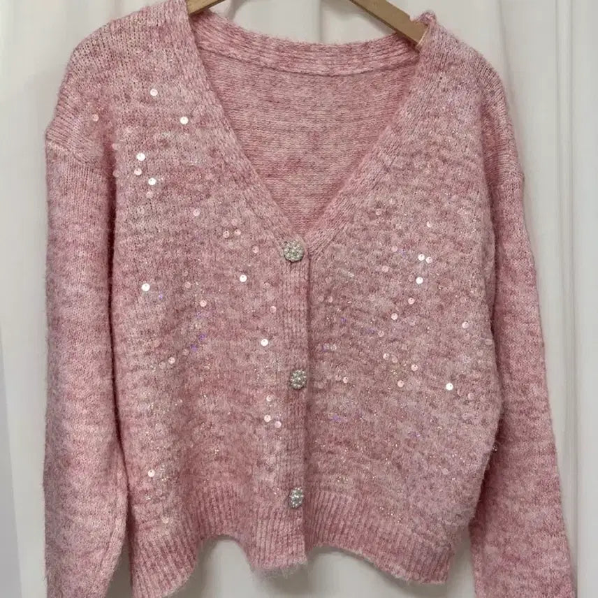 [BUNJANG] Pink Sequin Knit Cardigan / [새상품] 핑크 스팽글 니트 가디건