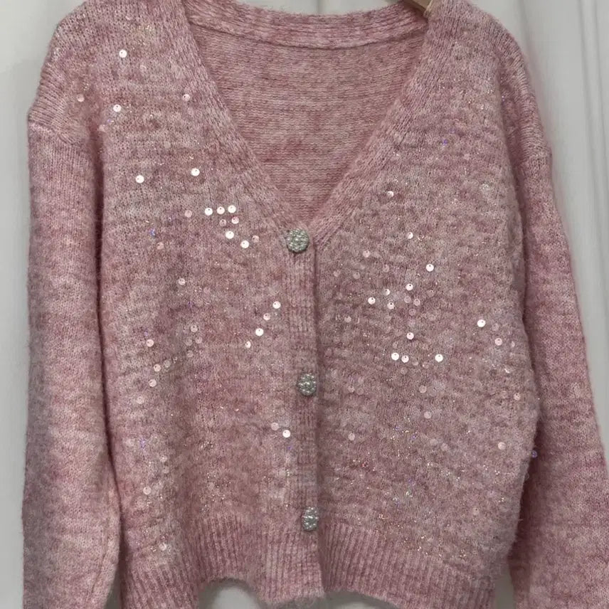 [BUNJANG] Pink Sequin Knit Cardigan / [새상품] 핑크 스팽글 니트 가디건