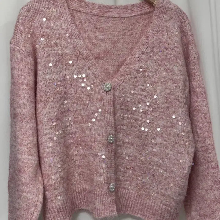 [BUNJANG] Pink Sequin Knit Cardigan / [새상품] 핑크 스팽글 니트 가디건