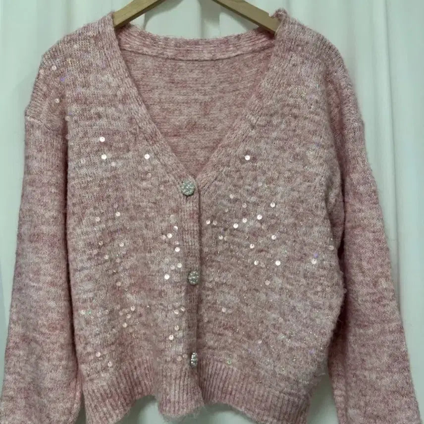 [BUNJANG] Pink Sequin Knit Cardigan / [새상품] 핑크 스팽글 니트 가디건