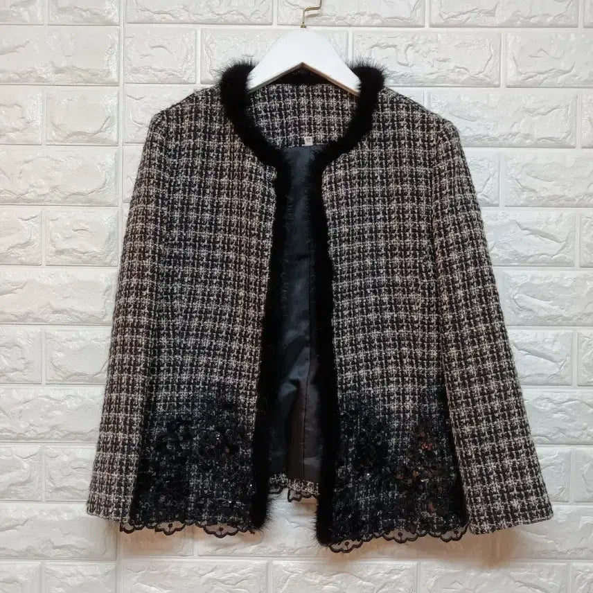 [BUNJANG] Mink Trim Tweed Floral Lace Beaded Jacket / 밍크 트리밍 트위드 꽃무늬 레이스 비즈 자켓