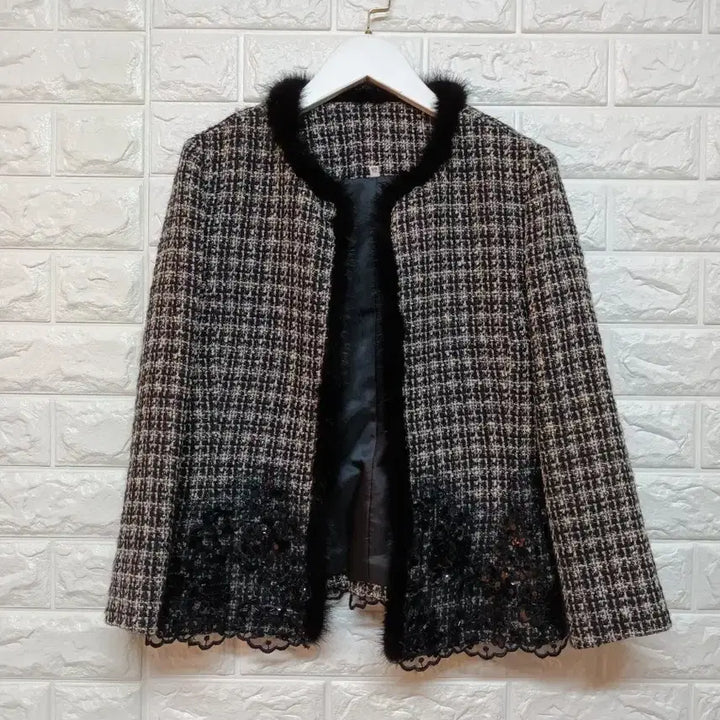 [BUNJANG] Mink Trim Tweed Floral Lace Beaded Jacket / 밍크 트리밍 트위드 꽃무늬 레이스 비즈 자켓