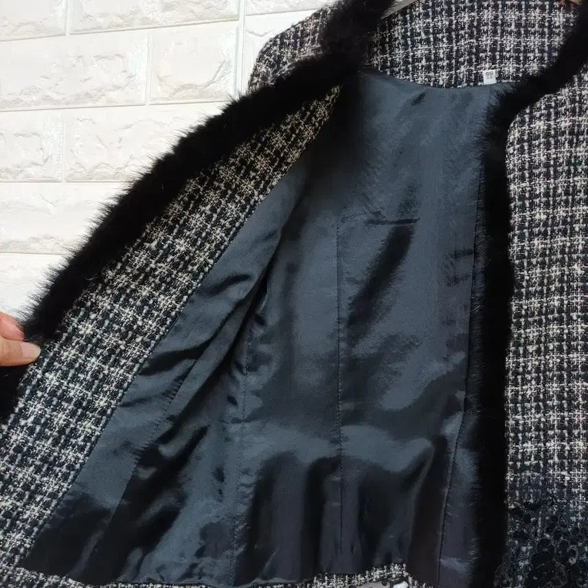 [BUNJANG] Mink Trim Tweed Floral Lace Beaded Jacket / 밍크 트리밍 트위드 꽃무늬 레이스 비즈 자켓