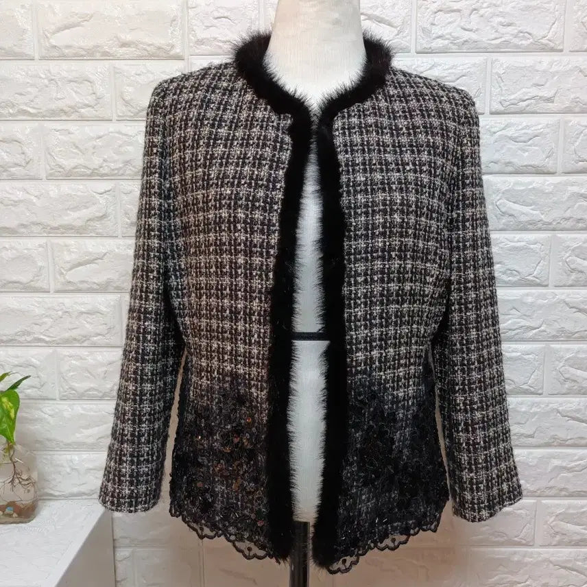 [BUNJANG] Mink Trim Tweed Floral Lace Beaded Jacket / 밍크 트리밍 트위드 꽃무늬 레이스 비즈 자켓