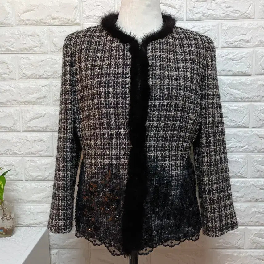 [BUNJANG] Mink Trim Tweed Floral Lace Beaded Jacket / 밍크 트리밍 트위드 꽃무늬 레이스 비즈 자켓