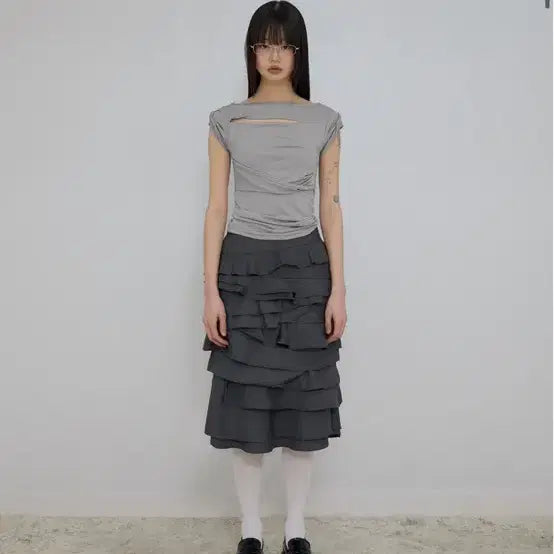 [BUNJANG] Flareup Faye Frill Midi Skirt - Charcoal / 플레어업 Faye Frill Midi Skirt (FL-246_Charc
