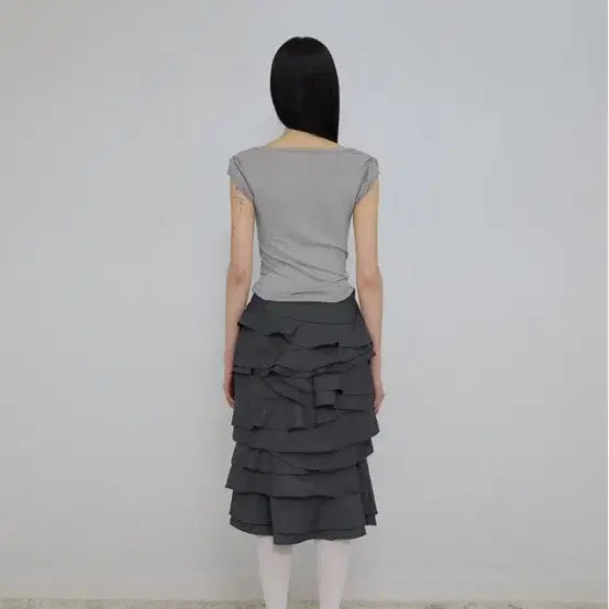 [BUNJANG] Flareup Faye Frill Midi Skirt - Charcoal / 플레어업 Faye Frill Midi Skirt (FL-246_Charc