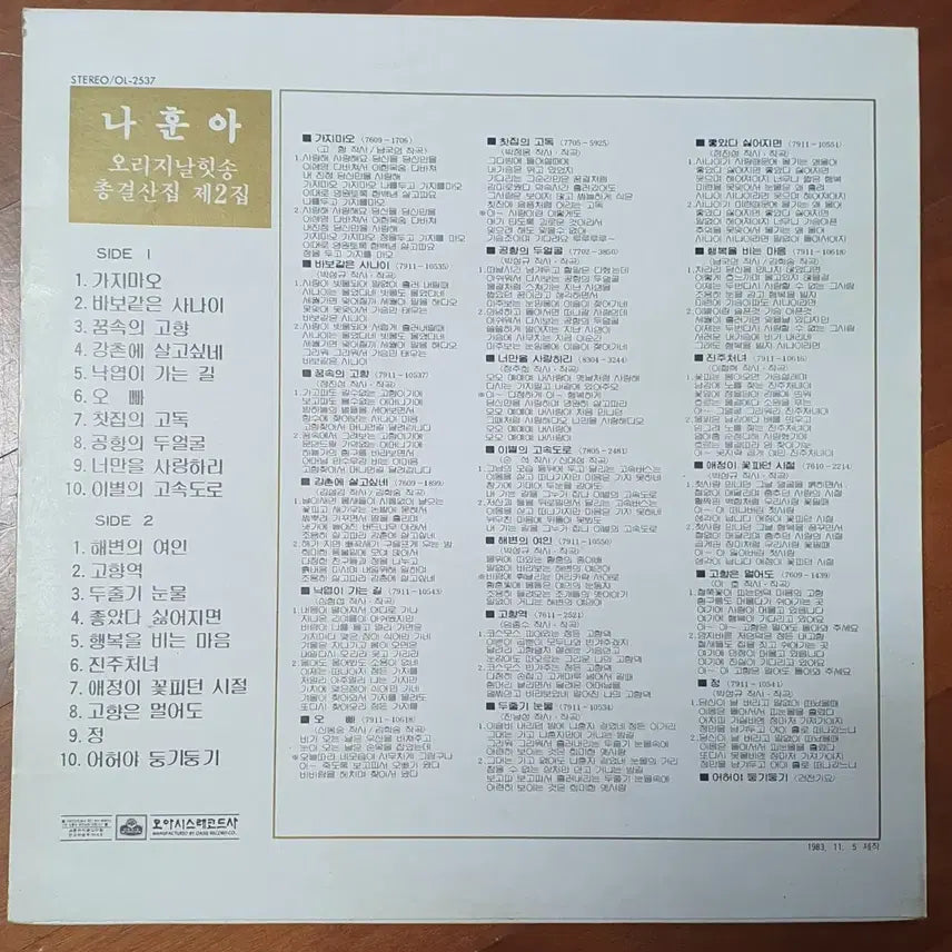 [BUNJANG] NahunA Original Hit Song Vol. 2 LP Album / 나훈아 오리지날힛송제2집 lp음반