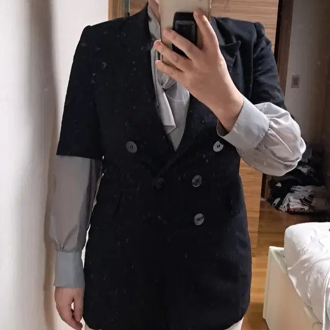 [BUNJANG] Ricobenes 단 Double Button Jacket (Black) / 리코베스단  반팔 더블 버튼 자켓 블랙 55 66