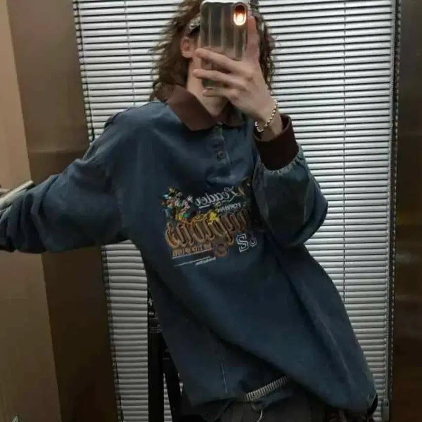 [BUNJANG] Vintage Mickey Mouse Denim Collar T-shirt / 빈티지 미키마우스 캐릭터 데님 카라 티셔츠