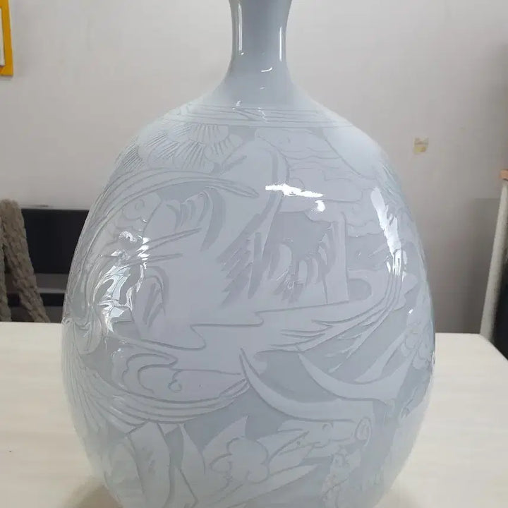 [BUNJANG] Taekwang Ceramic Park Soo Jae Masterpiece Celadon Porcelain Vase / 태광도예 박수재 명장 장생 운학문 백자 앵꼬병
